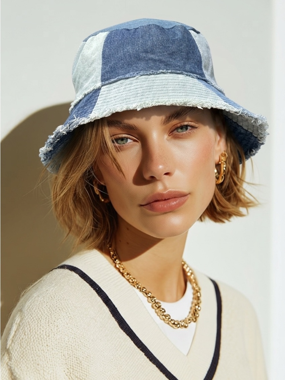 Garage‎ Patchwork Denim Bucket Hat Blue Frayed Raw Edge Y2K Festival One Size
